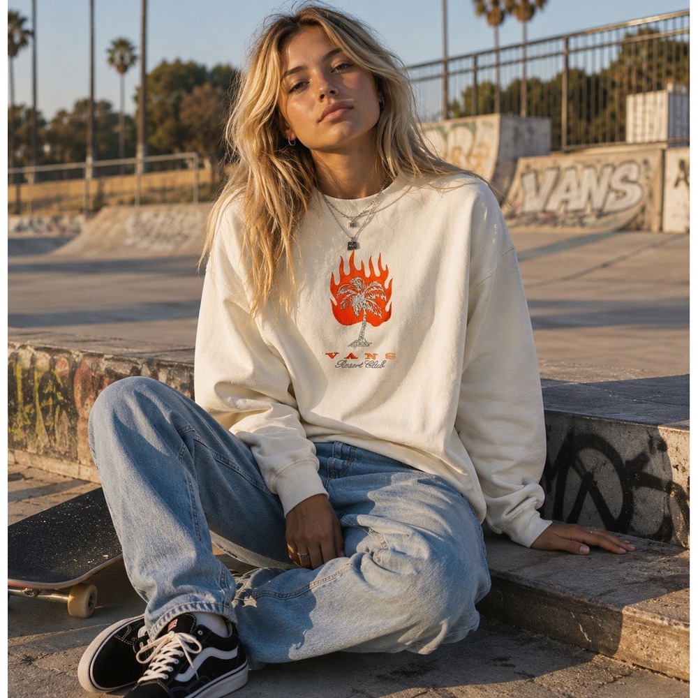 Vans Resort Club Crewneck Sweatshirt Wmn Small Palm Tree Flame Embroidered Beige